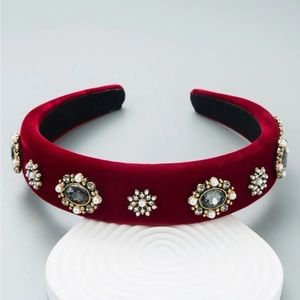 Anthropologie Cranberry Colored Crystal Embellished Soft Velour Headband